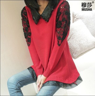 2013 women's spring medium-long leather collar shirt collar loose batwing shirt sweater 55