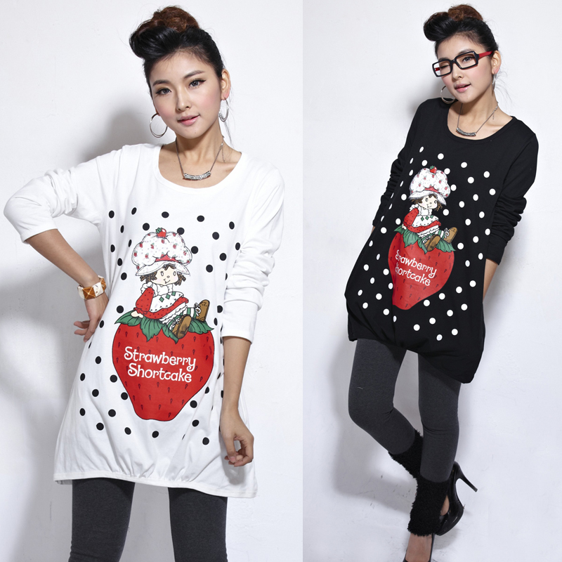 2013 women's spring o-neck strawberry cartoon print loose maternity clothing plus size long-sleeve t