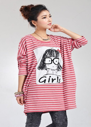 2013 women's spring o-neck stripe cartoon print loose plus size fashion long-sleeve t-shirt