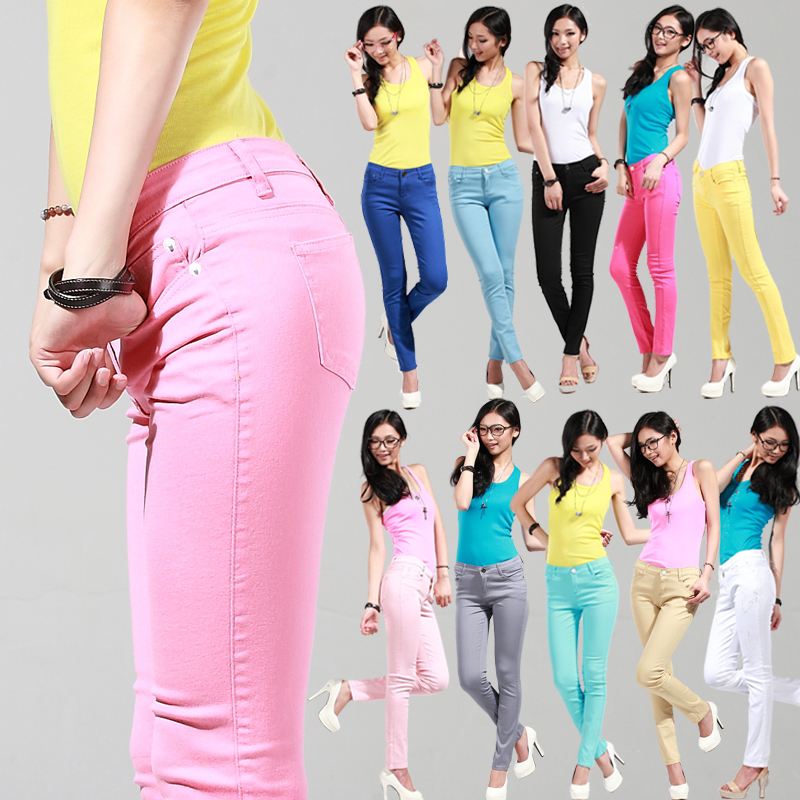 2013 women's spring plus size elastic skinny jeans candy color colored pencil trousers