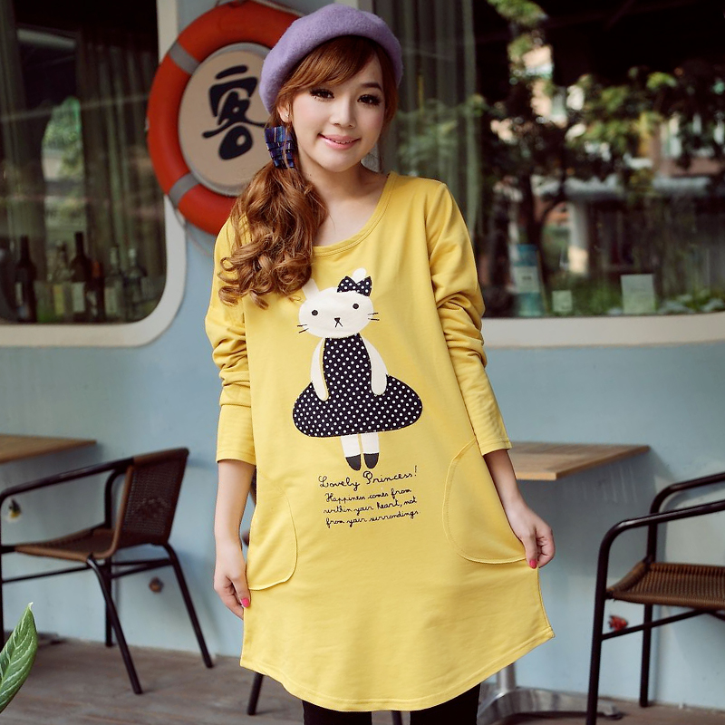 2013 women's spring plus size maternity clothing women's loose cat dot embroidered long-sleeve T-shirt