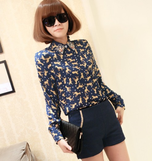 2013 women's spring rhinestone elegant long-sleeve sunscreen pads leopard shirt chiffon shirt