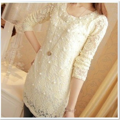 2013 women's spring slim full lace pearl o-neck long-sleeve fashion Medium style lace shirt S/M/L free shipping