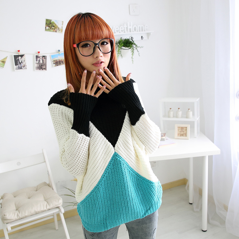 2013 women's spring slim slit neckline batwing sleeve color block decoration sweater outerwear 1291