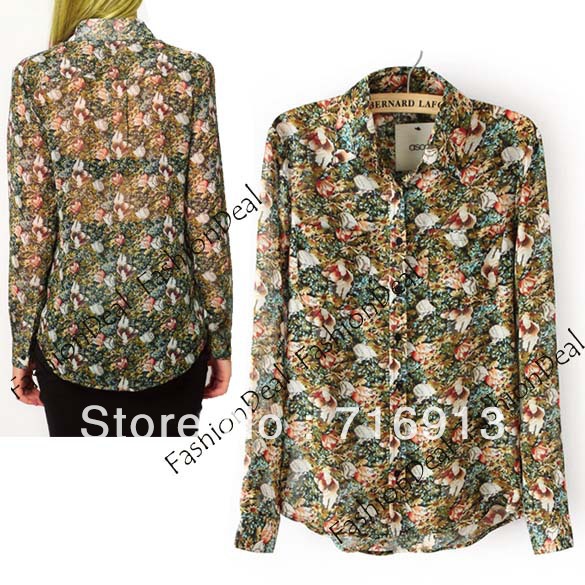 2013 Women's Spring Summer Europe Style Floral Print Turndown Collar Chiffon Blouse Shirt Top Free Shipping 11116