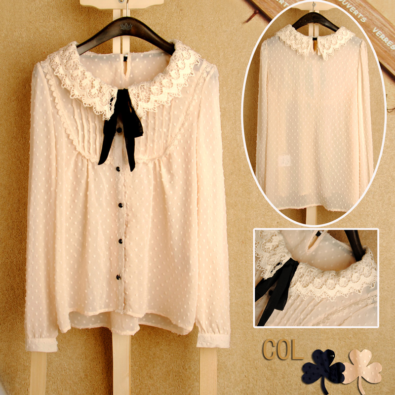 2013 women's spring sweet bow peter pan collar lace chiffon shirt decoration shirt