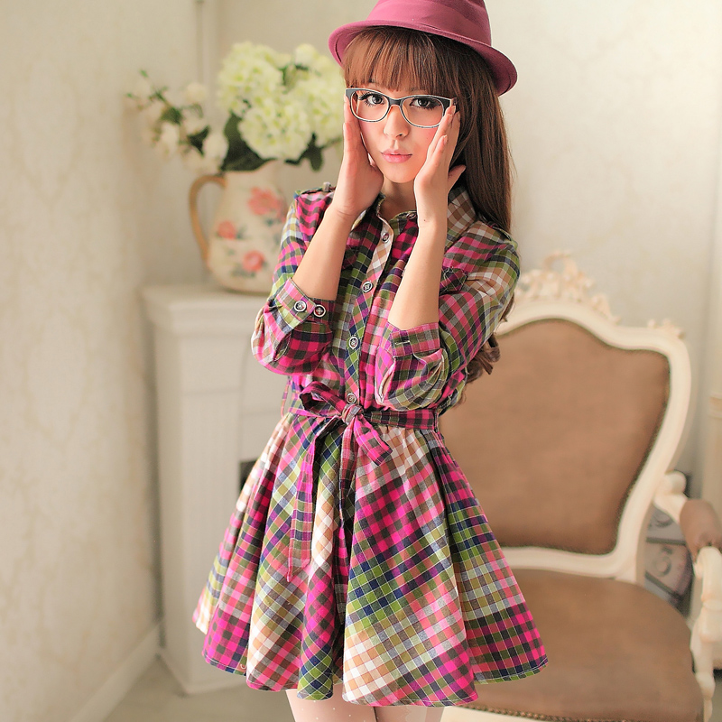 2013 women's spring three quarter sleeve vintage 100% cotton plaid one-piece dress denim color block skirt 1837