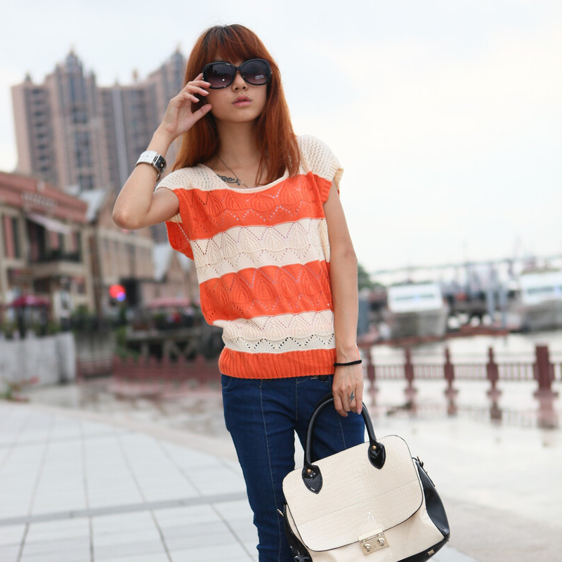 2013 women's stripe color block decoration 100% cotton sweater sweet sleeveless o-neck loose women's top