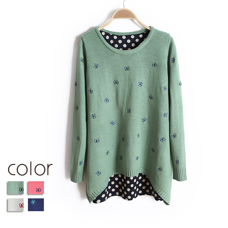 2013 women's sweet bow dot embroidered patchwork medium-long pullover sweater wx1329 free shipping