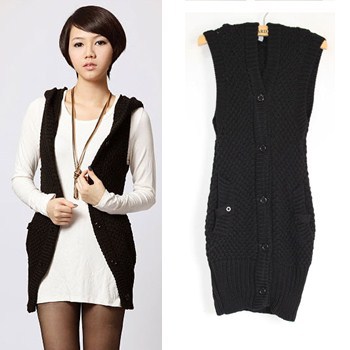 2013 Women's thickening sleeveless medium-long black sweater outerwear cardigan sweater free shipping