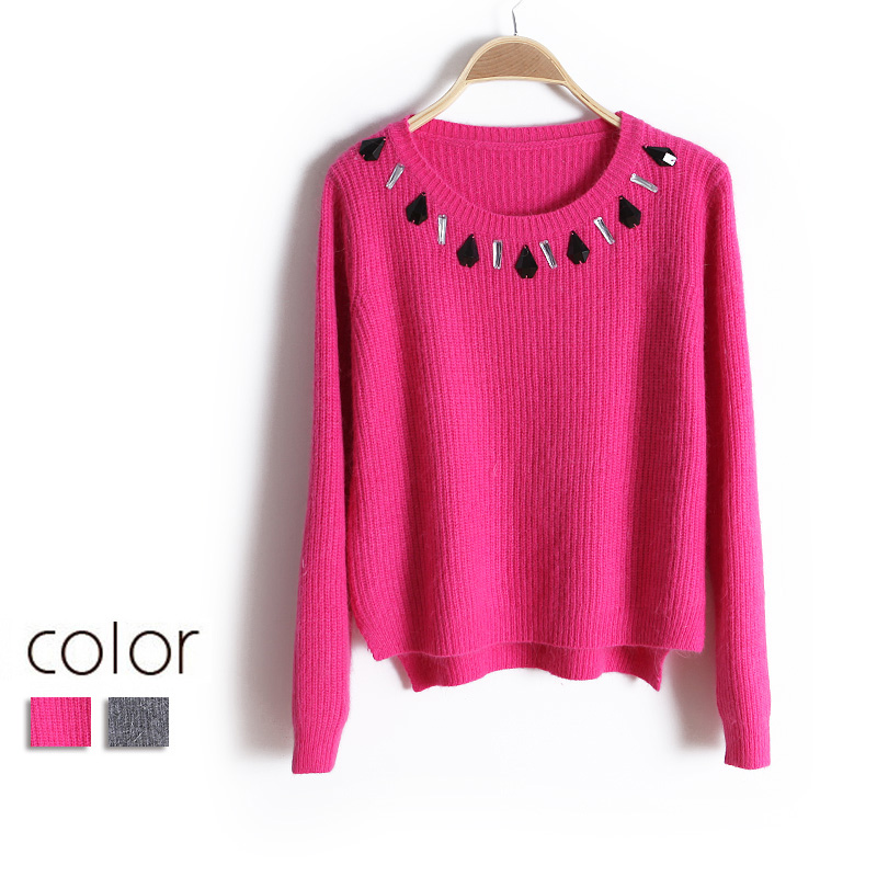2013 women's vintage handmade gem beading rabbit fur low-high wx1337 pullover sweater free shipping