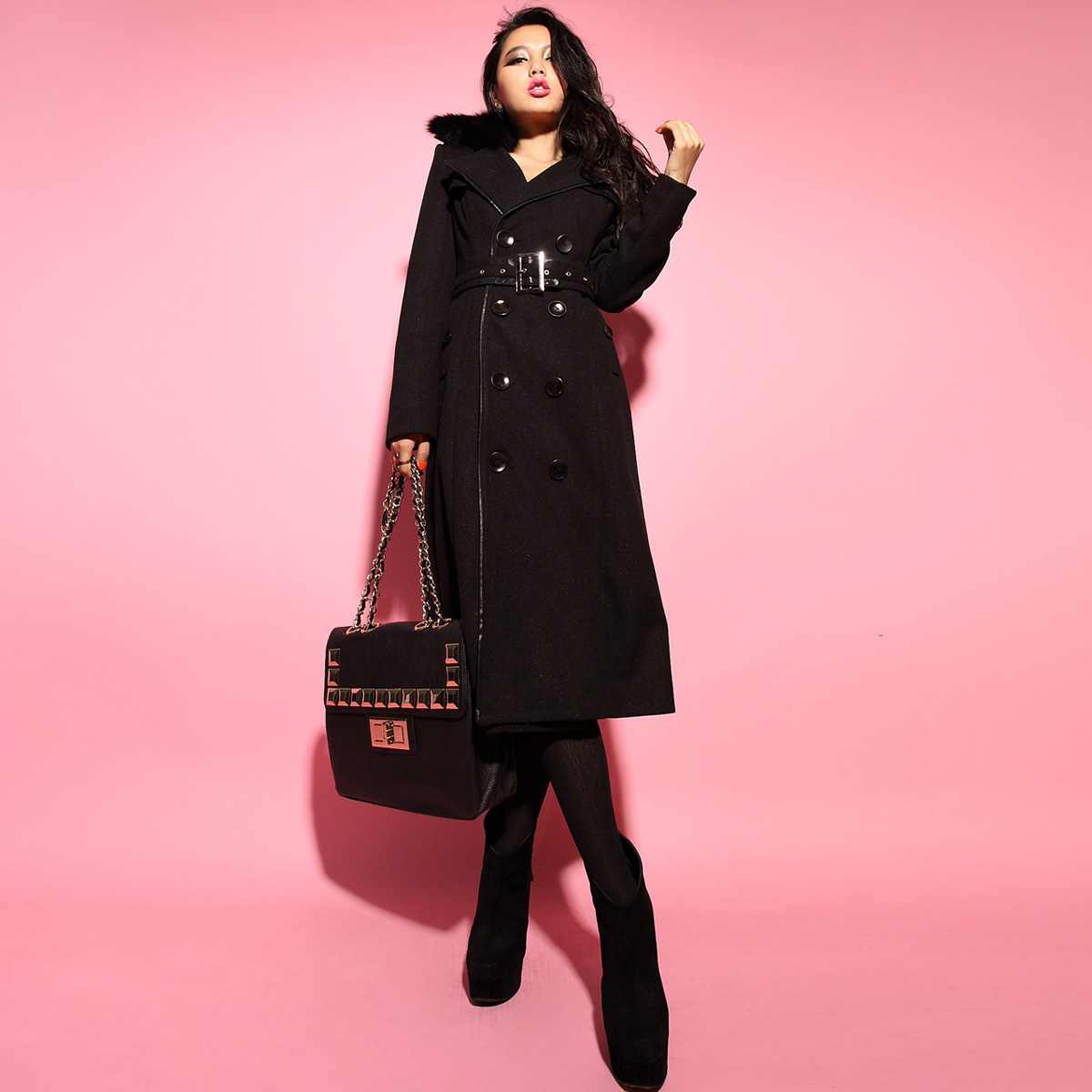 2013 women's vintage military wind rabbit fur double breasted leather mosaic long design woolen outerwear long overcoat