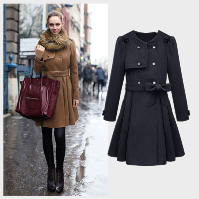 2013 women's winter slim wool coat british style outerwear high quality woolen trench long design
