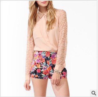 2013 women Sexy lace sleeve splice blouse Long sleeve blouse free shipping