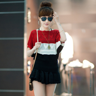 2013 women spring Summer new fashion loosen casual pullover sweater/women short sleeve split hollow-carved cardigan
