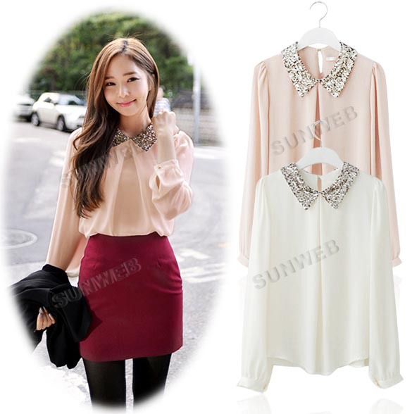 2013 Womens Vintage Sequins Peter Pan Collar Puff Sleeve Sheer Loose Tops Chiffon Blouse 2Colors free shipping 10179