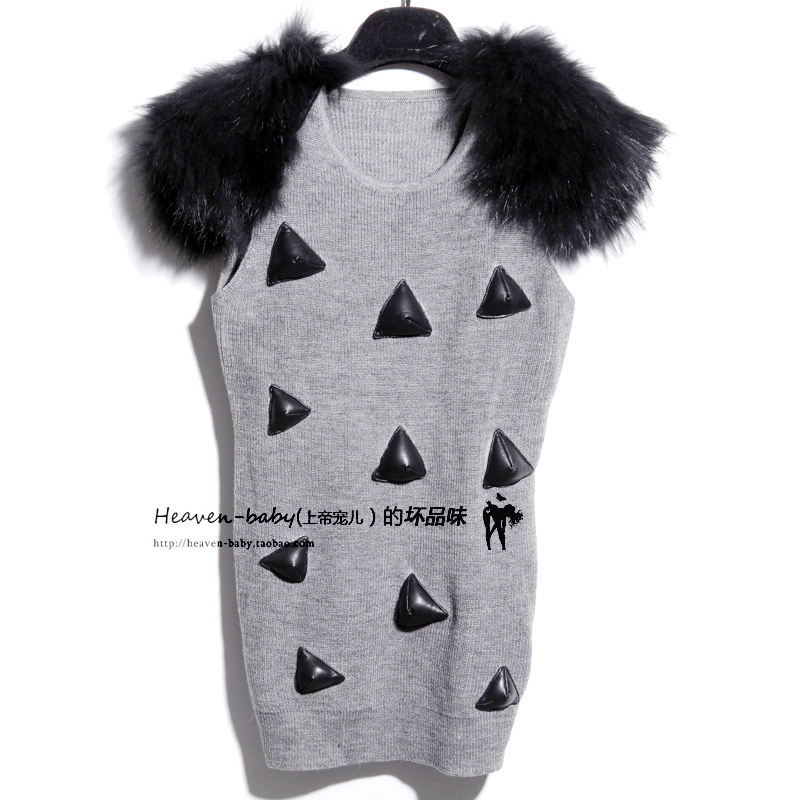 2013 wool knitted vest slim genuine leather three-dimensional decoration raccoon fur