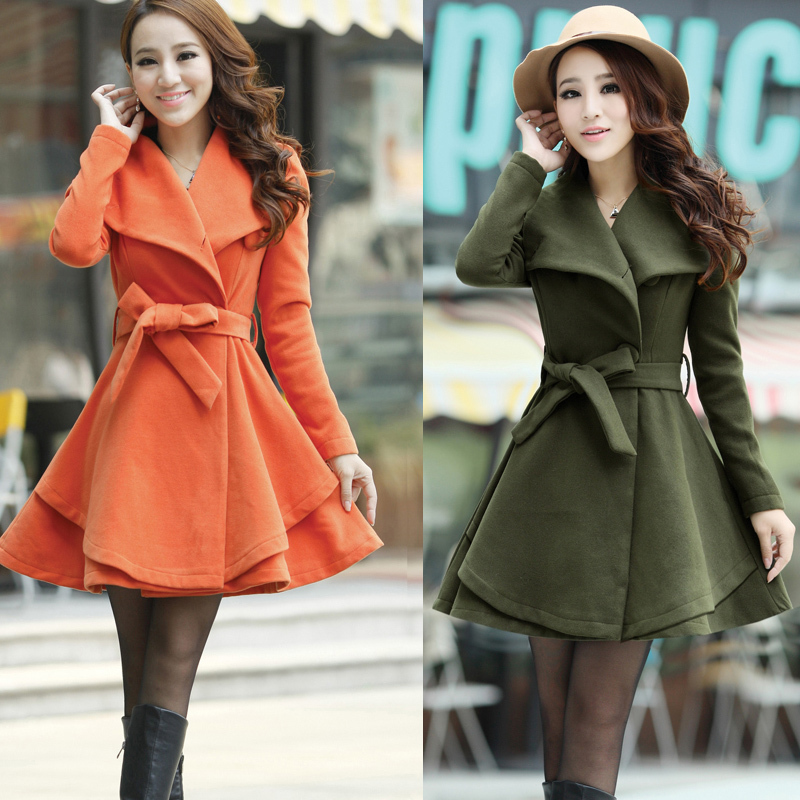 2013 woolen outerwear slim woolen medium-long thickening wool coat female bowknot belt overcoat free shipping