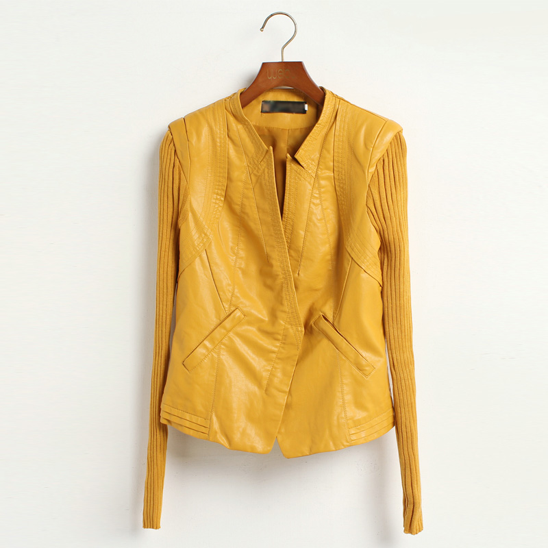 2013 yellow small leather clothing women's patchwork PU leather coat fashion motorcycle slim V-neck short design Free Shipping