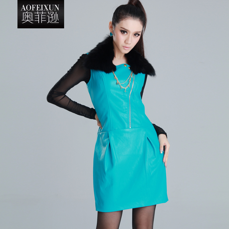 2013 zipper decoration PU water washed leather vest one-piece dress fur collar 12010148