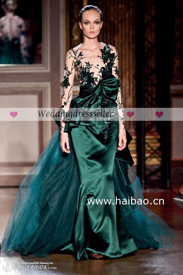 2013 Zuhair Green Mermaid V-neck Long sleeve Bowknot Applique Prom Gowns Celebrity Dress