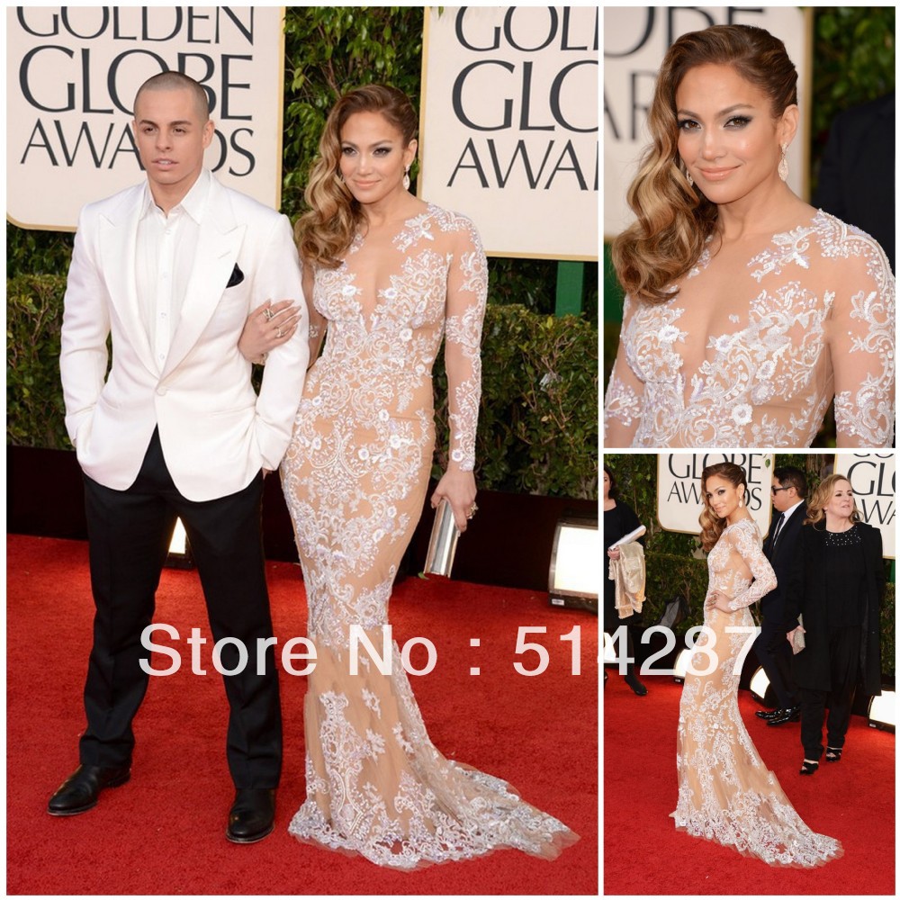 2013 Zuhair Murad Dress Tulle Applique Lace 70th Golden Ball Award Jennifer Lopez's Celebrity Red Carpet Dress Lace Prom Dress