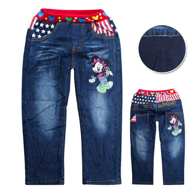2013Cartoon cute brand thickening cashmere jeans kids pants winter Minnie Mouse Girls trousers Minnie children jeans baby jeans