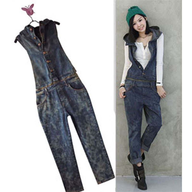 2013Charming women's snowflakes hooded retro blue jeans zipper braces pants overalls Waitting for what? Free shipping!Click