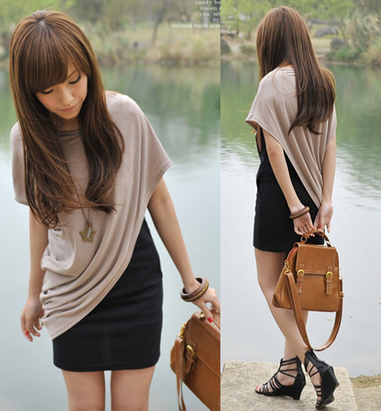 2013Fashion Women's Short Batwing Sleeve T-Shirt Two-Piece Casual Cotton Blends Mini Dress Free Shipping (Drop shipping support)