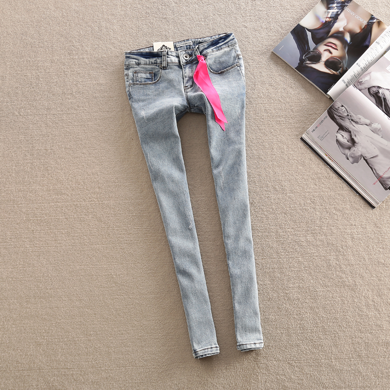 2013forna spring and summer brief light color wearing white cat scratches elastic slim denim skinny pants ankle length trousers