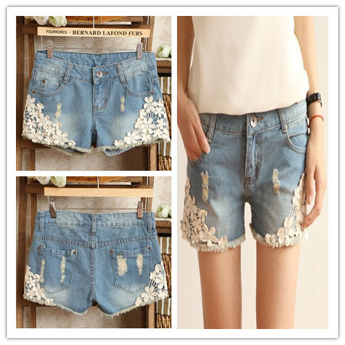 2013Free Shipping Fashion Korean Style Sweet Lace Embellished Denim Shorts Blue , Fashion Women's Shorts d989908