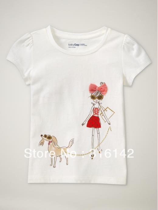 2013girls clothing casual set,kids cartoon animal t-shirts,walk the dog pattern top,girls summer t-shirt,6pcs/lot swts-010