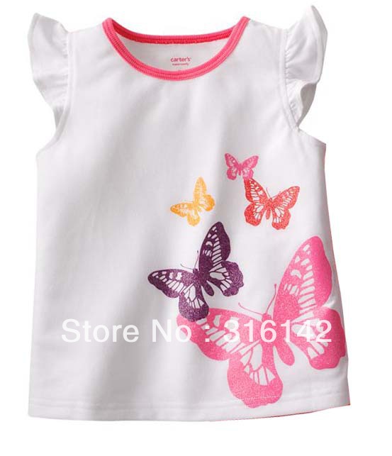 2013girls new fashion casual t-shirt,children cartoon animal t-shirts,butterfly pattern top clothes,6pcs/lot swts-009
