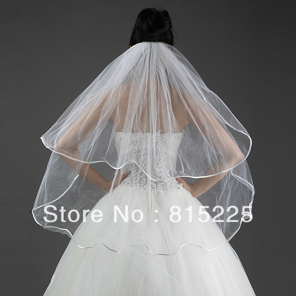 2013Graceful Classy Wedding Accessories Veils Bridal Decoration Fingertip Veils Tulle Ribbon Sash Two Layer Ruffle White