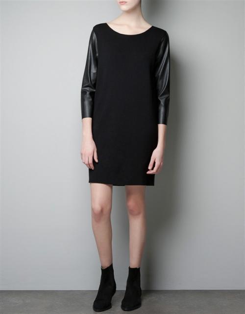 2013hot free shipping fashion women spring ,Summer PU leather stitching knitted elastic sleeve Cotton Flax Dress  1377