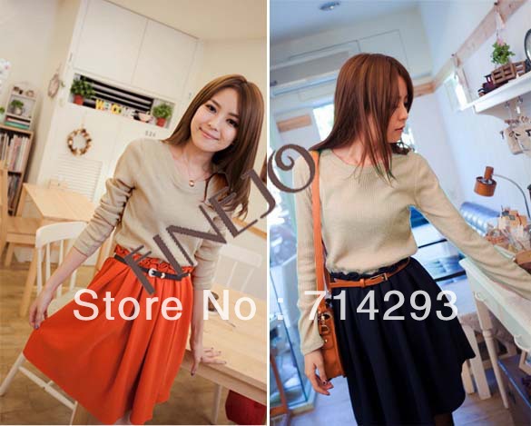 2013Korea Late Autumn Knitted Patching Style Long Sleeves Dress Mini Skirt With Waist band free shipping 9578