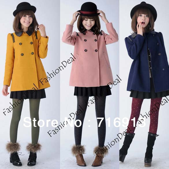2013Korea Women's Jacket Double-breasted Long Puff Sleeve Splicing Leather Collar Woolen Coat Outwear free shipping 9298