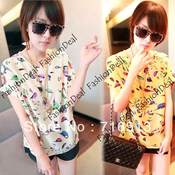 2013New Casual Women Colorful Birds Batwing Short Sleeve Chiffon Print T-shirt Blouse Loose Tee Tops 2 Colors Free Shipping 5640