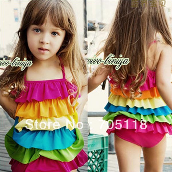2013New Design Girl Fashion Swim Wear Rainbow Swimsuit Kids Jumpsuits Bathing Suit Free Shipping