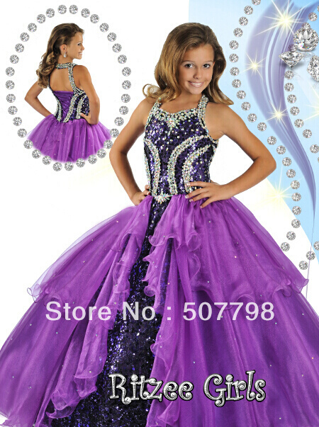 2013New Designer Shining Fabric Halter Purple Two Toned Crystals Organza Flower Girl Dresses