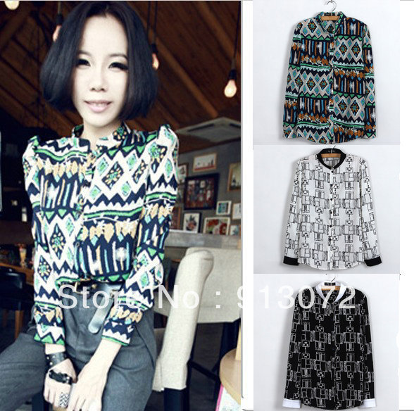 2013New fashion womens' Cute Robot Print chiffon blouse elegant casual designer shirts stand collar long sleeve novelt cool tops