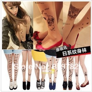 2013new freeshipping wholesale women's socks tutuann printing fake tattoo ultra-thin transparent nude pantyhose tights