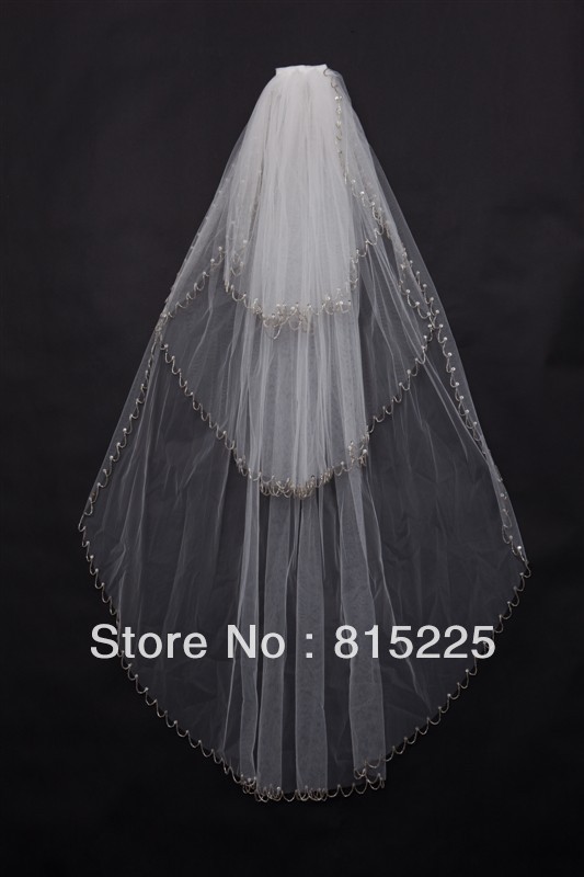 2013New Muslim Style Wedding Accessories Decoration Veils Three Layer Bead Edge Fingertip Length Veil White Tulle Fabric Low Pri