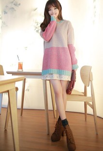 2013new sweet color block loose comfortable o-neck sweater ax063