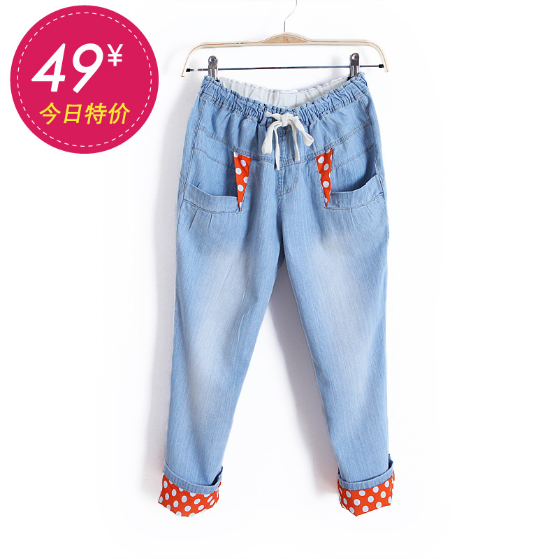 2013new wearing white slim waist roll-up hem ankle length trousers denim pencil pants female wk1228