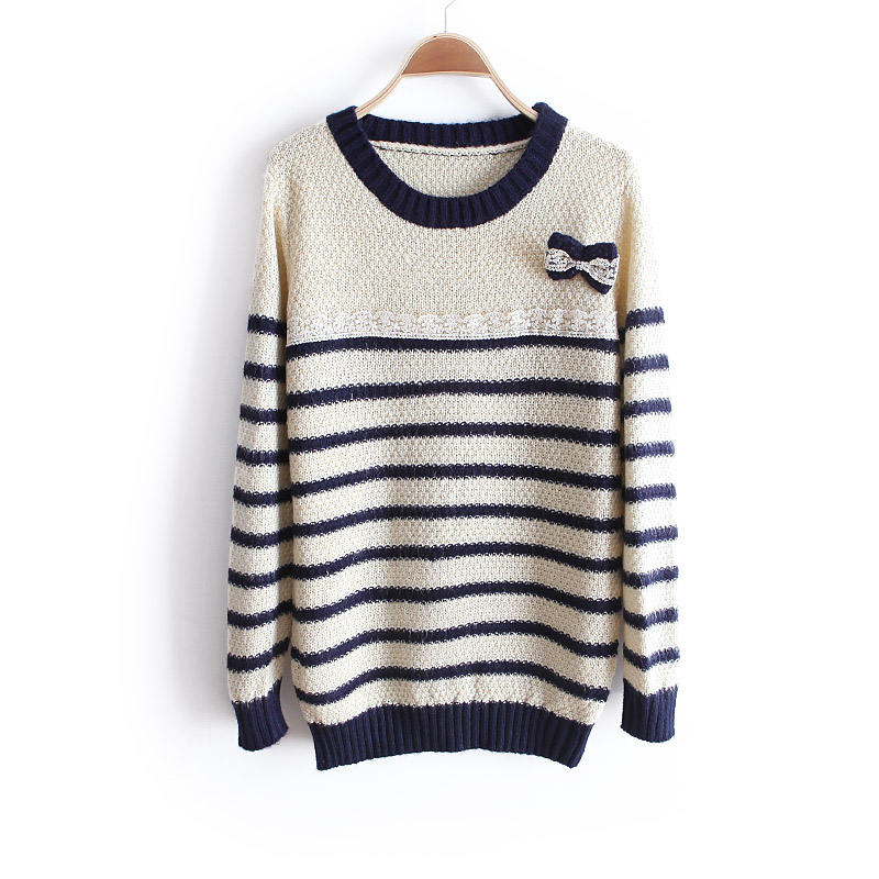 2013new women's lace bow chest decoration o-neck stripe sweater wx1249 fess shipping