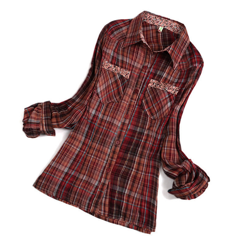 2013Spring and summer  women plaid Casual  blouse   turn-down Collar  long sleeves Shirt  quality europe style free shipping