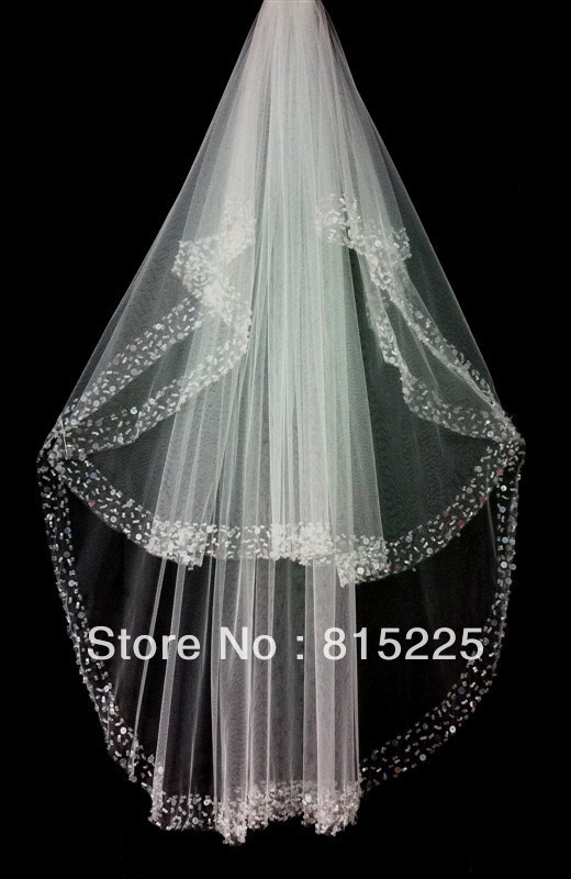 2013Stunning New Classy Handcraft Elbow Length Veils Wedding Bridal Veil Accessories Decoration Sequin Beaded Edge Two Layer Whi