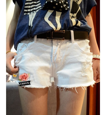 2013summer women's shorts straight mid button fly solid hole fashion shorts sxey white/black shorts hot pants personalitynovelty