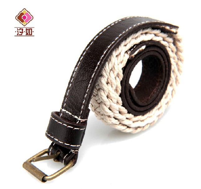 2013women's kintting belt strap with cowhide leather wax hemp waist leather belt